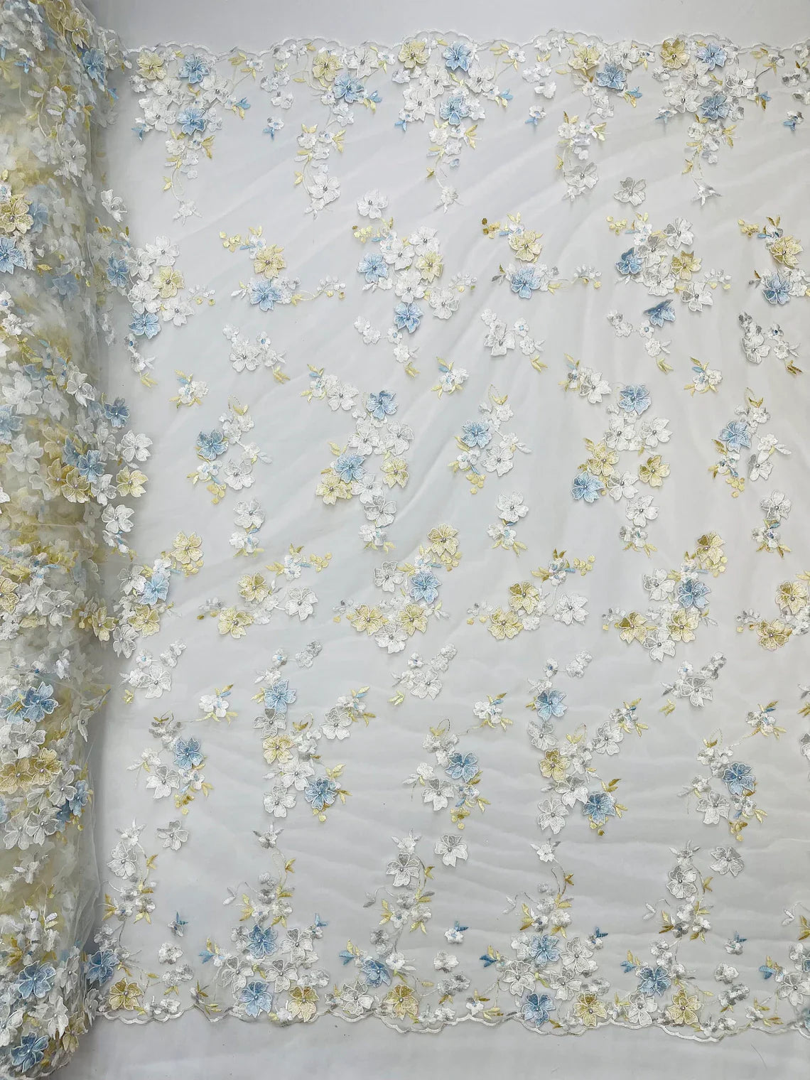 Multi-Color 3D Flower Fabric - Off-White - Multi-Tone 3D Flower Lace Fabrics Sold By Yard