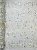 Multi-Color 3D Flower Fabric - Off-White - Multi-Tone 3D Flower Lace Fabrics Sold By Yard