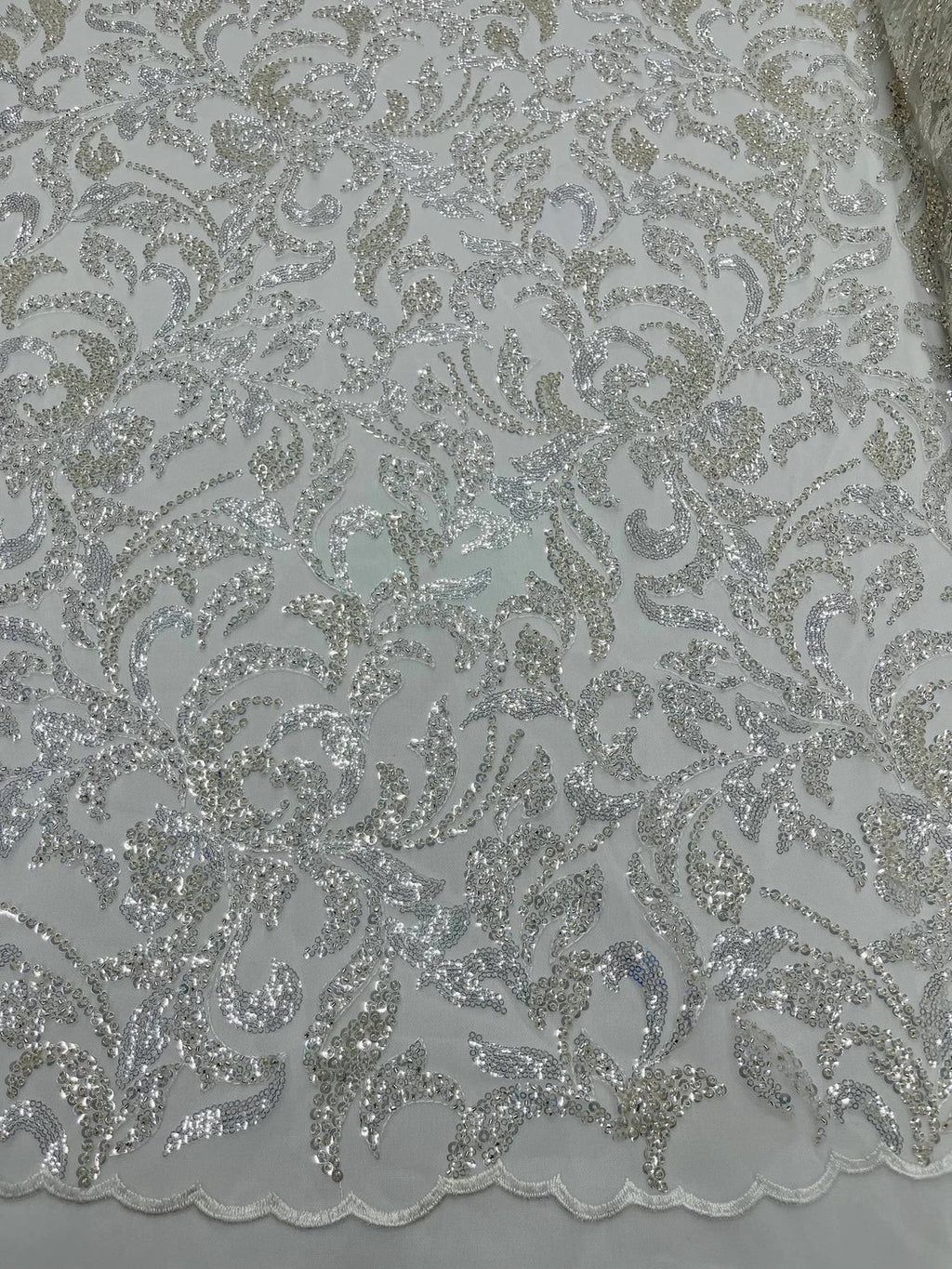 Beaded Flower Leaf Fabric - Off-White - Shiny Beads and Sequins in Flower Design on Lace by Yard