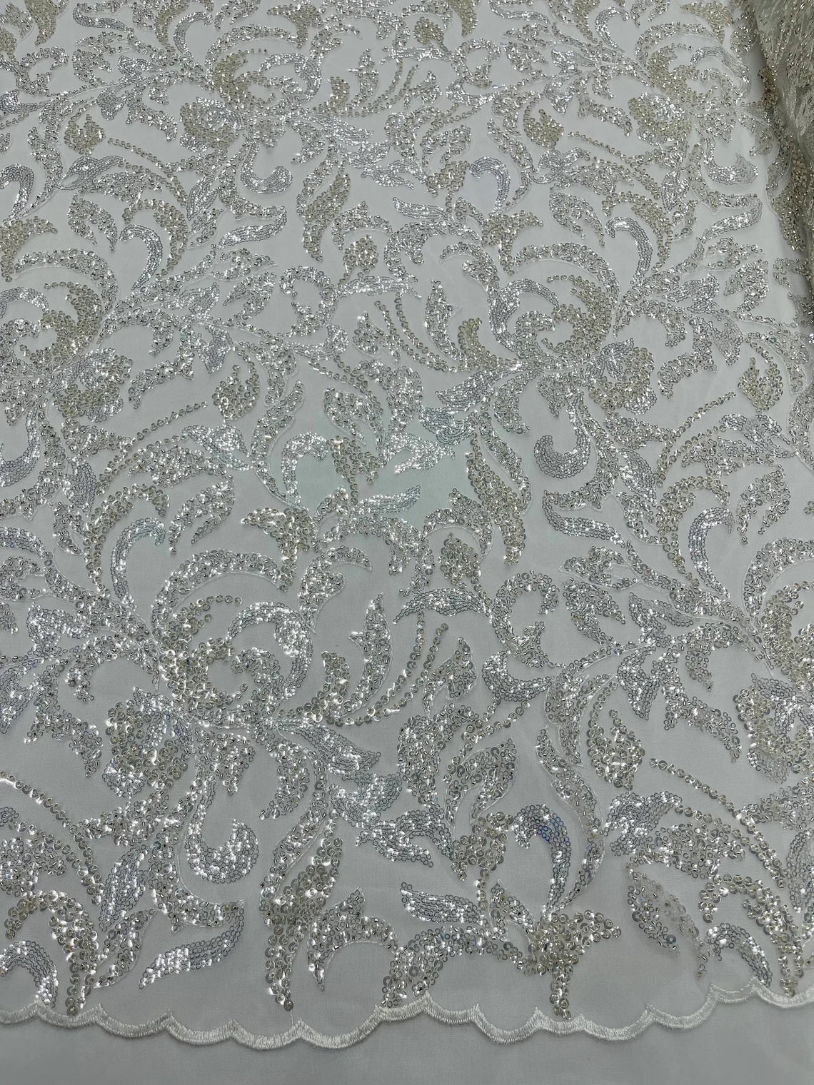Beaded Flower Leaf Fabric - Off-White - Shiny Beads and Sequins in Flower Design on Lace by Yard