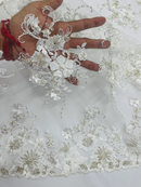3D Flower Sequins Design - Off-White - Embroidered Pearl Sequins Floral Clusters Lace Fabric By Yard