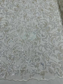 Beaded Flower Leaf Fabric - Off-White - Shiny Beads and Sequins in Flower Design on Lace by Yard