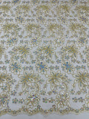 Corded Lace Floral Fabric - Off-White - Hologram Sequins Metallic Thread Floral Fabric by Yard