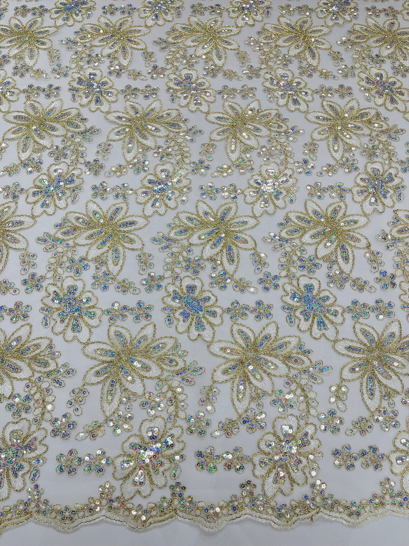 Corded Lace Floral Fabric - Off-White - Hologram Sequins Metallic Thread Floral Fabric by Yard