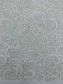 Beaded Swirl Design Fabric - Off-White - Swirl Design with Beads and Sequins on Lace by Yard