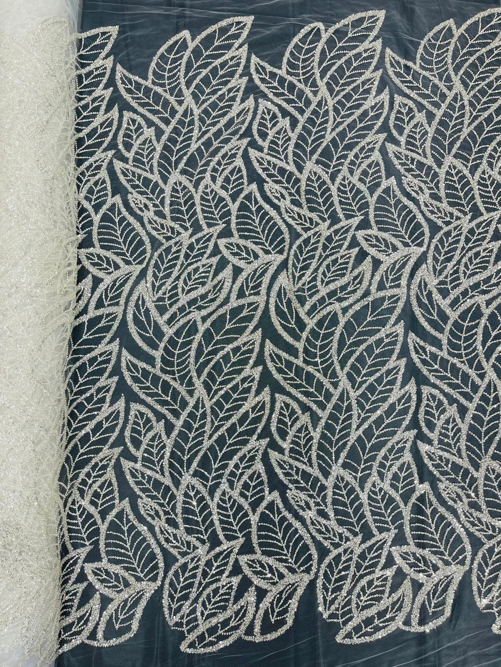 Off-White Wavy Leaf Design - Fancy Embroidered Beaded Leaf Design Fabric Sold by Yard