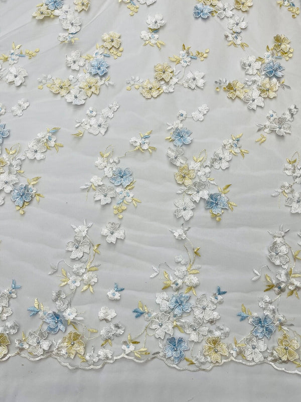 Multi-Color 3D Flower Fabric - Off-White - Multi-Tone 3D Flower Lace Fabrics Sold By Yard