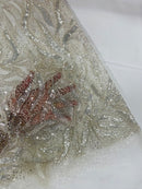 Beaded Fire Design Fabric - Off-White - Fire Flame Design Sequins and Beads on Mesh by Yard