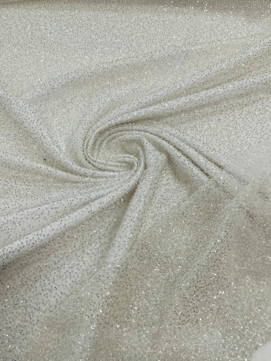 3D Beaded Lace Fabric - Off-White - Heavy Embroidery Handmade Lace, Beaded Fabric By Yard