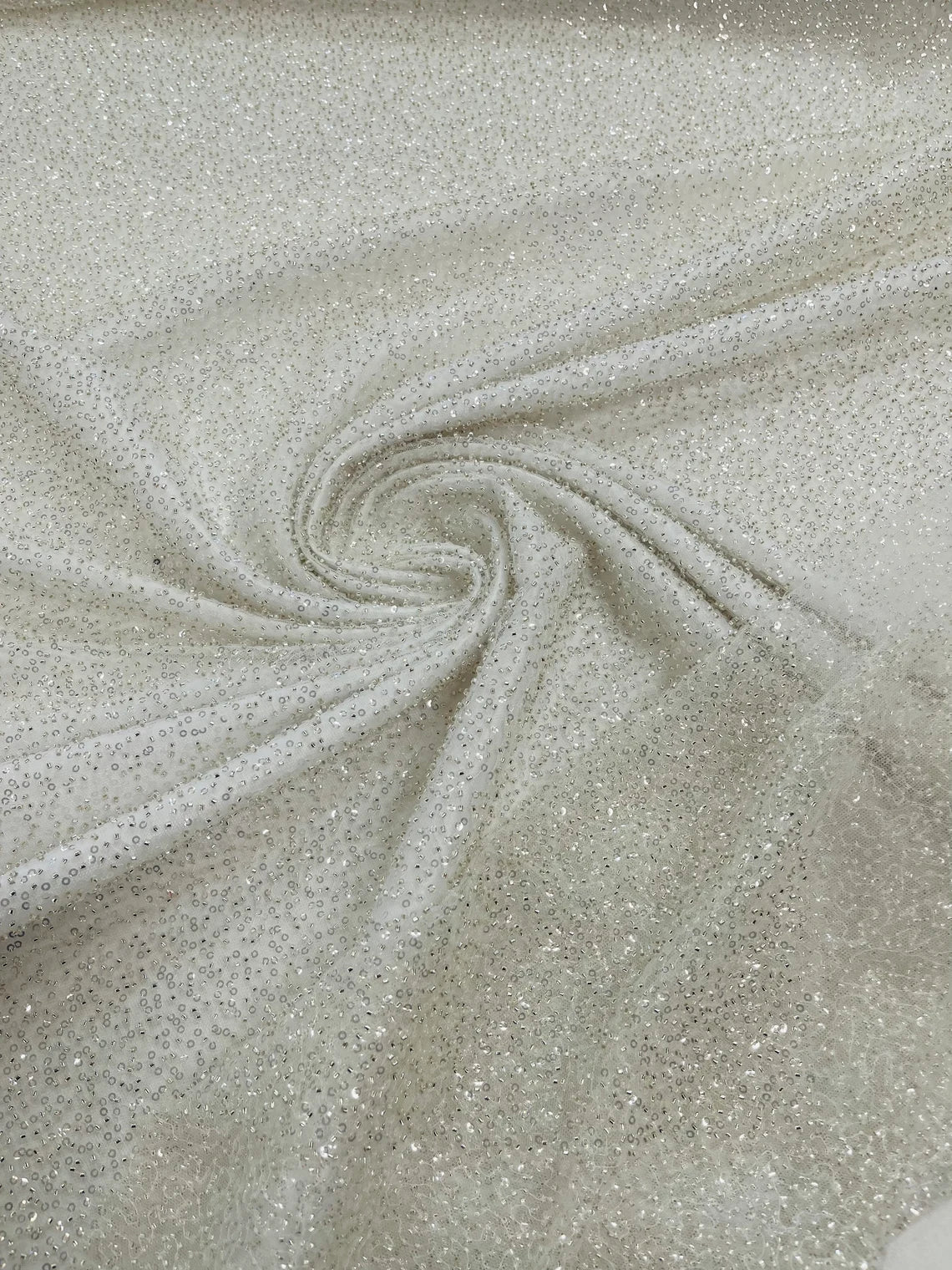 3D Beaded Lace Fabric - Off-White - Heavy Embroidery Handmade Lace, Beaded Fabric By Yard