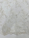 Floral Plant Lace Fabric - Off-White - Embroidery Flower Small Leaf Design Lace Fabric Sold By Yard