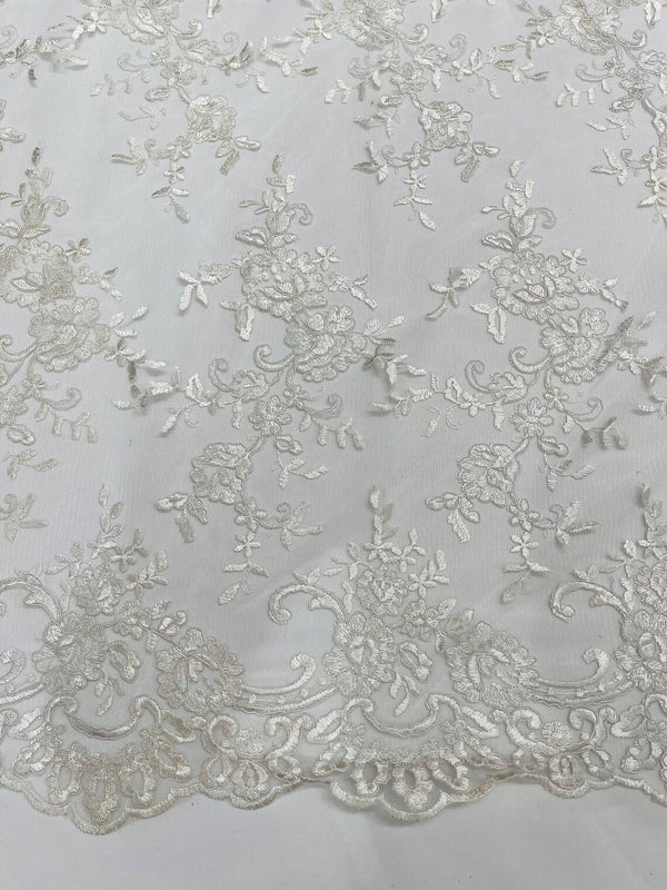 Floral Plant Lace Fabric - Off-White - Embroidery Flower Small Leaf Design Lace Fabric Sold By Yard