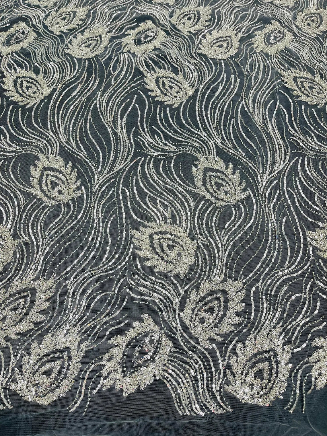 Off-White Leaf Pattern - Elegant Beaded Leaf Design Embroidered Fabric Sold by Yard