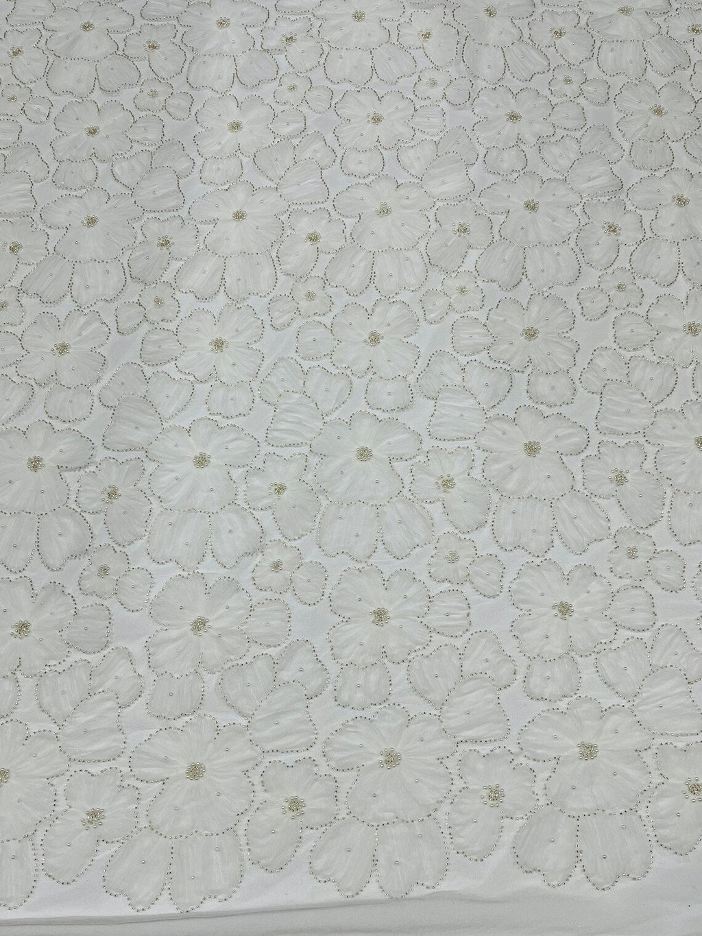 3D Tulle Floral Fabric - Off-White - Flowers Made on Mesh with Small Pearls and Beads Sold By Yard
