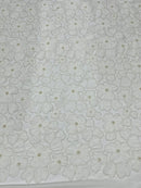 3D Tulle Floral Fabric - Off-White - Flowers Made on Mesh with Small Pearls and Beads Sold By Yard