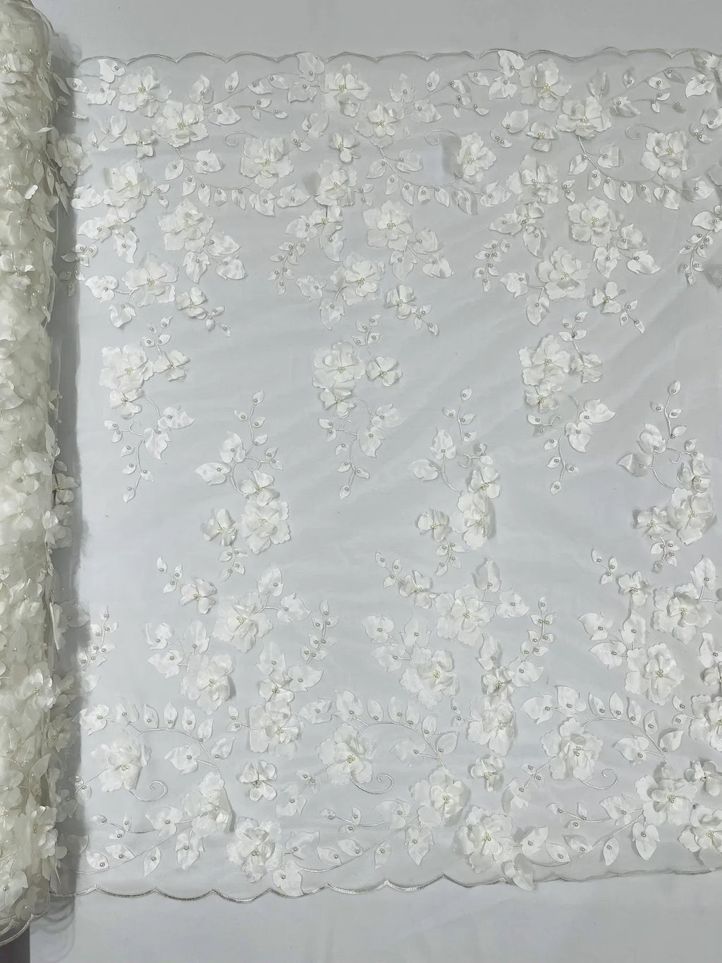 3D Floral Pearl Fabric - Off-White - Embroidered Floral Pearl Fabric Double Border On Mesh By Yard