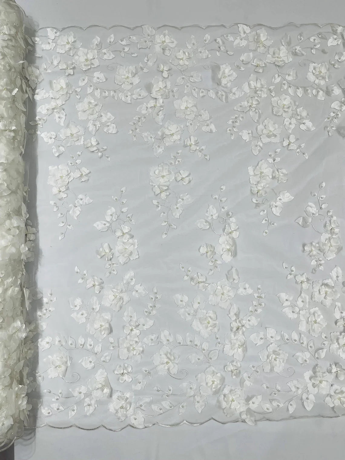 3D Floral Pearl Fabric - Off-White - Embroidered Floral Pearl Fabric Double Border On Mesh By Yard