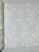 3D Floral Pearl Fabric - Off-White - Embroidered Floral Pearl Fabric Double Border On Mesh By Yard