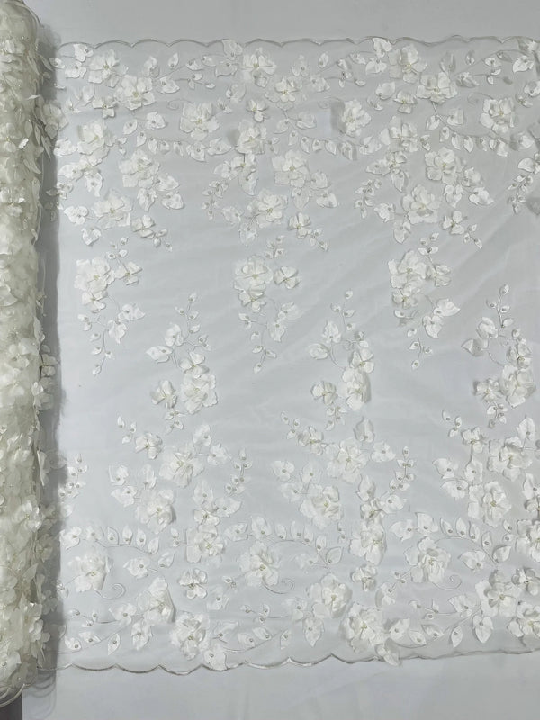 3D Floral Pearl Fabric - Off-White - Embroidered Floral Pearl Fabric Double Border On Mesh By Yard