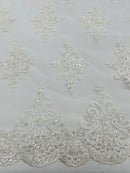 Beaded Floral Fabric - Off-White - Floral Cluster Design Fabric with Damask Border by Yard
