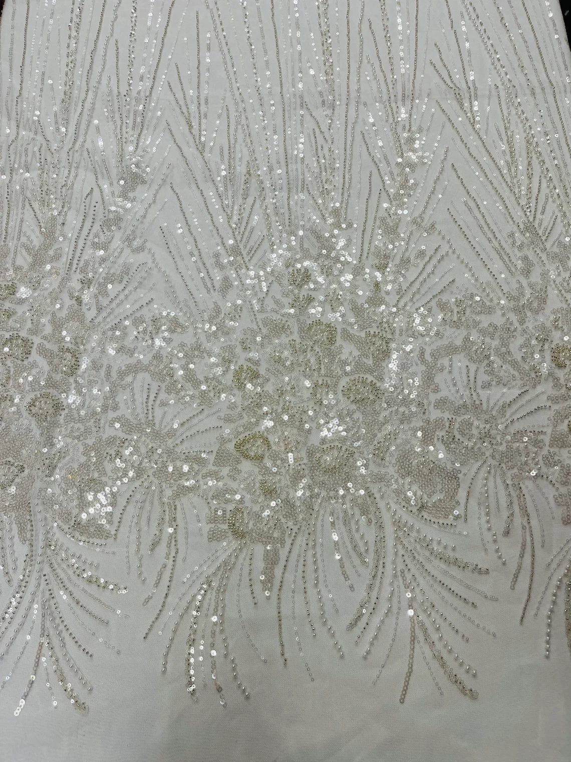 Beaded Floral Line Fabric - Off-White - Beaded Embroidered Lines and Flowers on Mesh By Yard