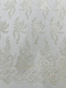 Long Leaf Designs Lace Fabric - Off-White - Embroidered Braid Leaf Pattern on Lace Mesh Fabric By Yard
