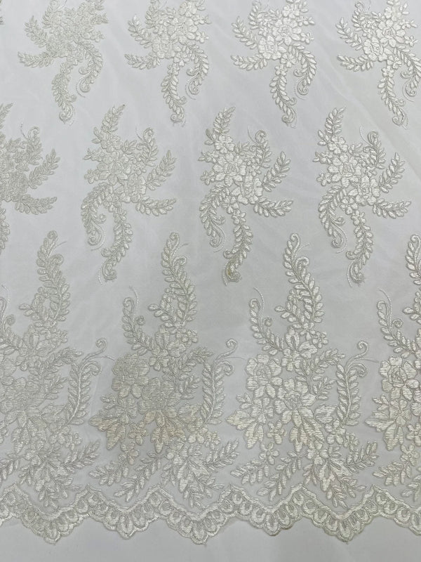 Long Leaf Designs Lace Fabric - Off-White - Embroidered Braid Leaf Pattern on Lace Mesh Fabric By Yard