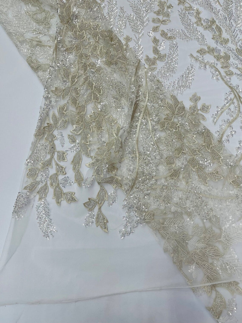 Floral Leaf Bead Sequins Fabric - Off-White - Leaf Nature Beaded Sequins Lace Fabric by the yard