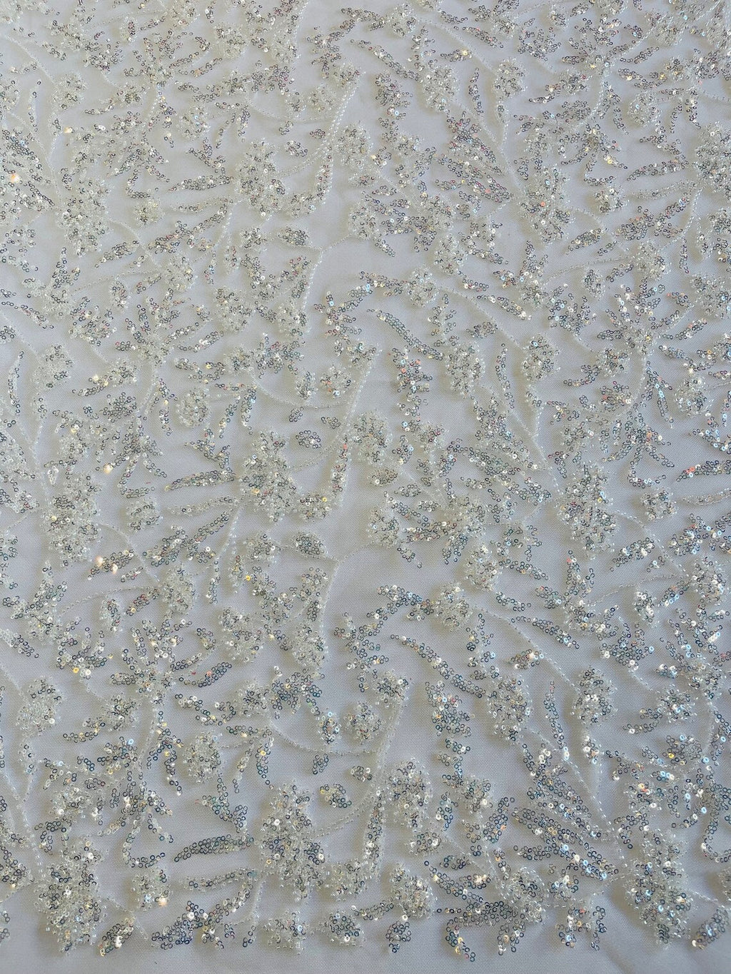 Beaded Floral Plant Design - Off-White - Embroidered Beaded Flower Plants Sequins Fabric By Yard