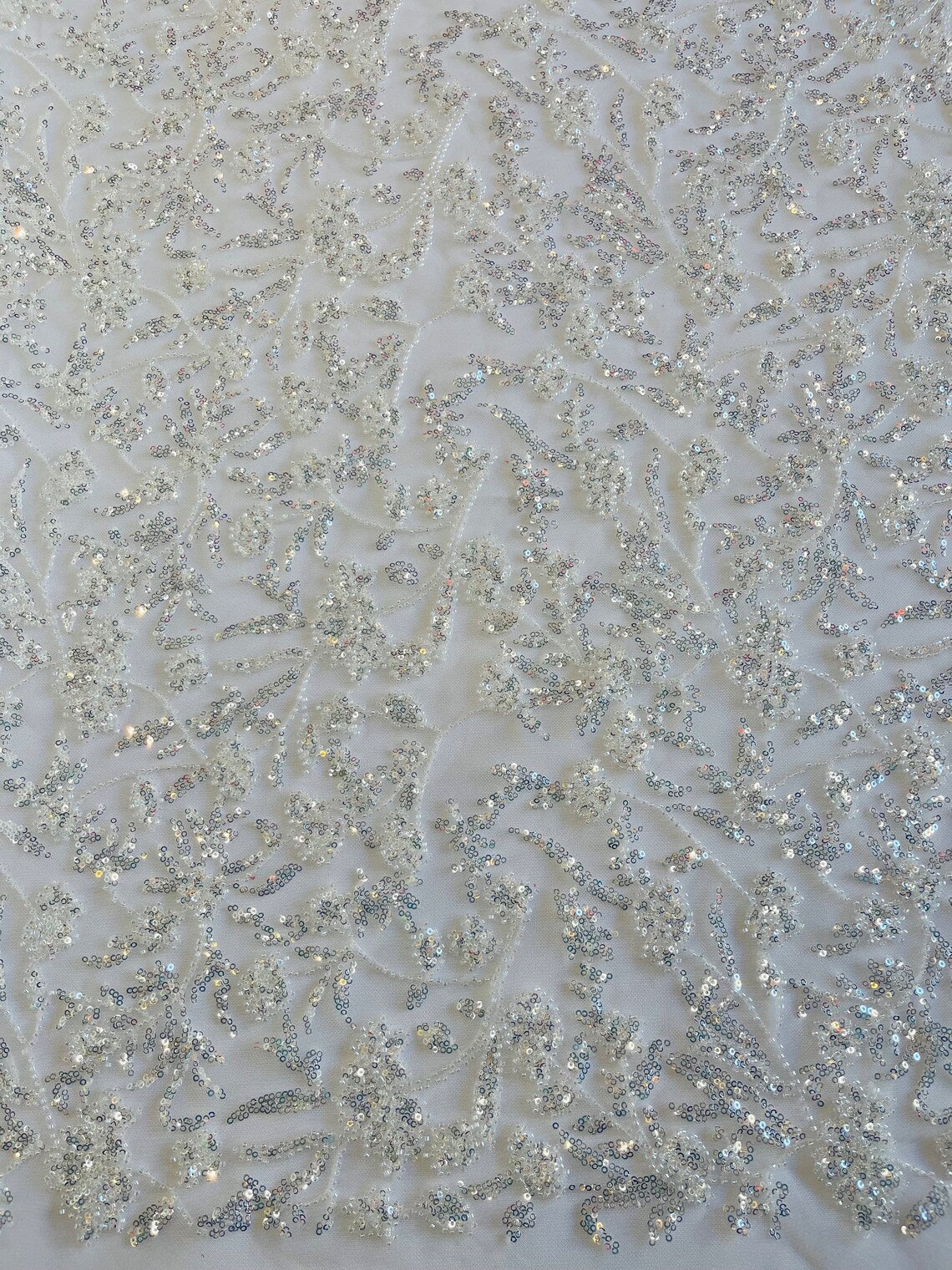 Beaded Floral Plant Design - Off-White - Embroidered Beaded Flower Plants Sequins Fabric By Yard