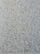 Beaded Floral Plant Design - Off-White - Embroidered Beaded Flower Plants Sequins Fabric By Yard