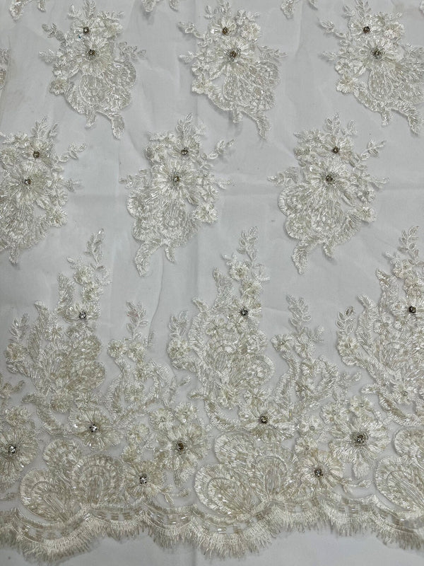 Rhinestone Beaded Fabric - Off-White - Beaded Floral Rhinestone Design with Fancy Border Sold By Yard