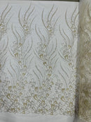 Fancy Wavy Leaf Bead Fabric - Off-White - Leaf Line Beaded Design Embroidered Mesh By Yard