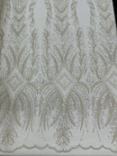 Beaded Lines Fabric - Off-White - Luxury Beads and Sequins Line Design Fabric By Yard