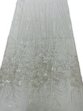 Beaded Floral Line Fabric - Off-White - Beaded Embroidered Lines and Flowers on Mesh By Yard