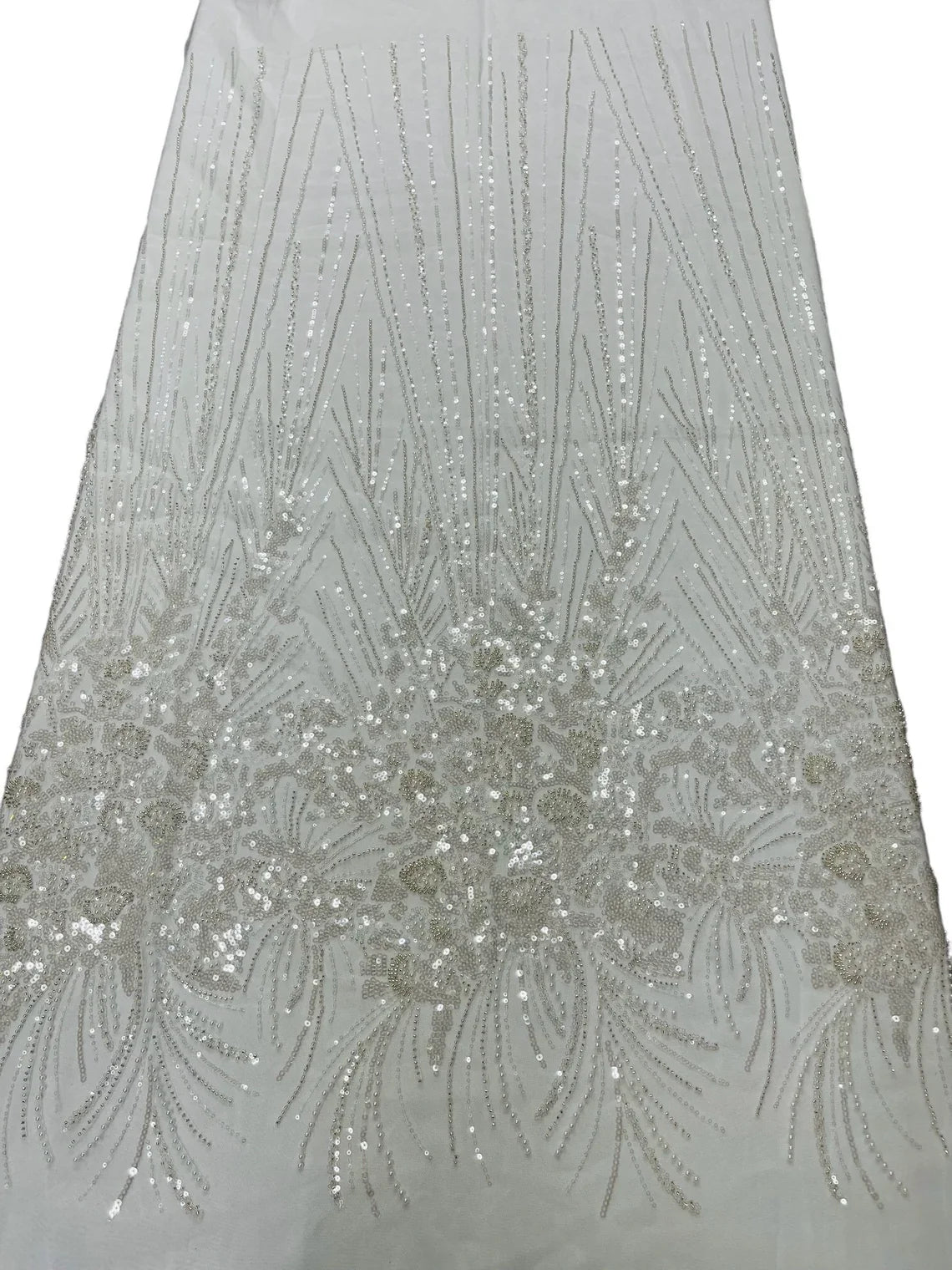 Beaded Floral Line Fabric - Off-White - Beaded Embroidered Lines and Flowers on Mesh By Yard