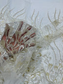 Fancy Wavy Leaf Bead Fabric - Off-White - Leaf Line Beaded Design Embroidered Mesh By Yard