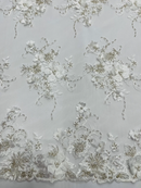 3D Flower Sequins Design - Off-White - Embroidered Pearl Sequins Floral Clusters Lace Fabric By Yard