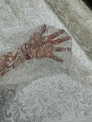 Beaded Flower Leaf Fabric - Off-White - Shiny Beads and Sequins in Flower Design on Lace by Yard