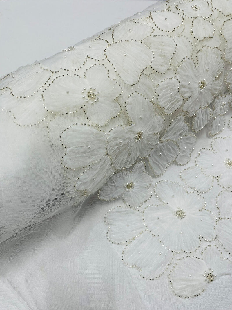 3D Tulle Floral Fabric - Off-White - Flowers Made on Mesh with Small Pearls and Beads Sold By Yard