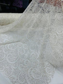Beaded Swirl Design Fabric - Off-White - Swirl Design with Beads and Sequins on Lace by Yard