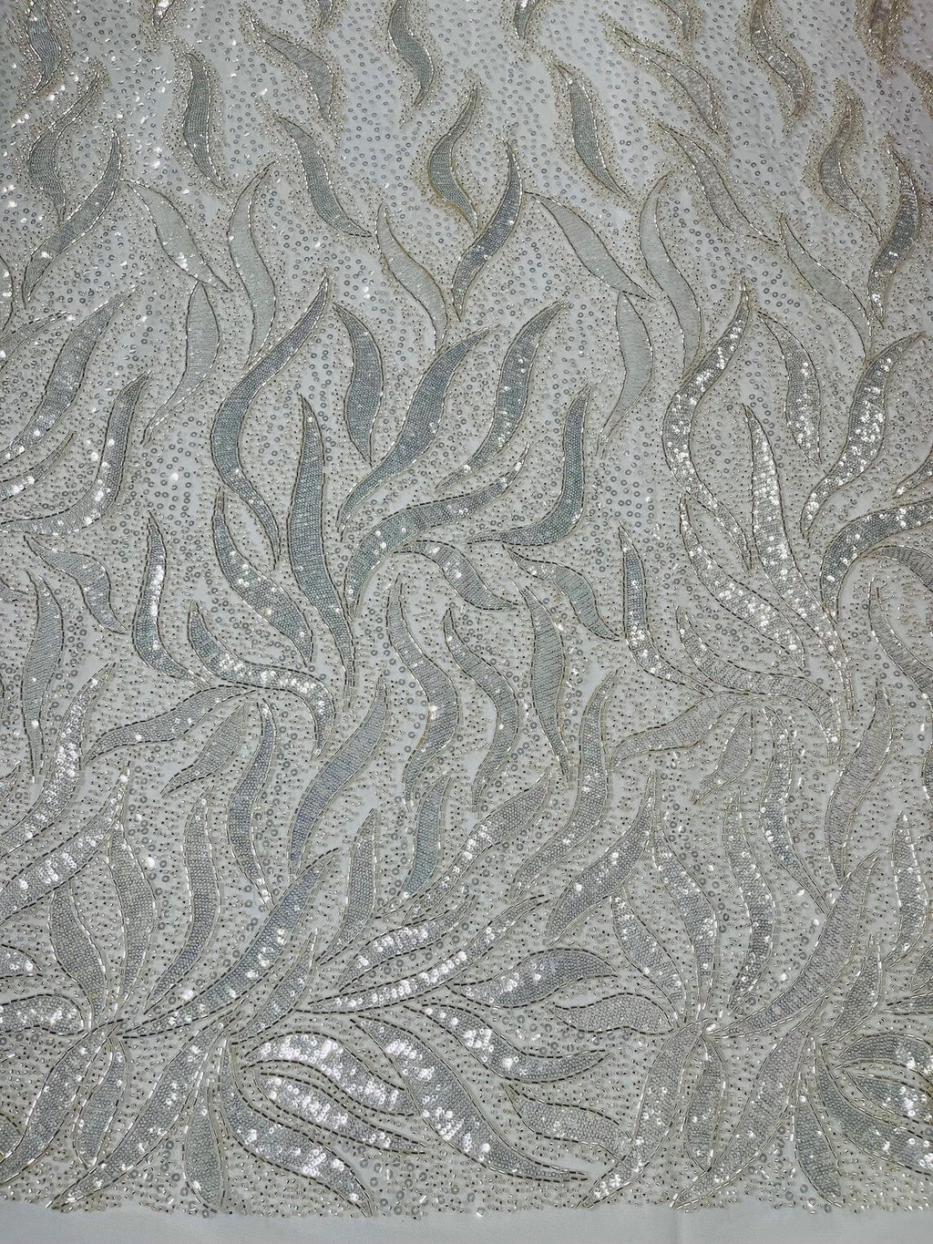 Beaded Fire Design Fabric - Off-White - Fire Flame Design Sequins and Beads on Mesh by Yard