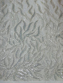 Beaded Fire Design Fabric - Off-White - Fire Flame Design Sequins and Beads on Mesh by Yard