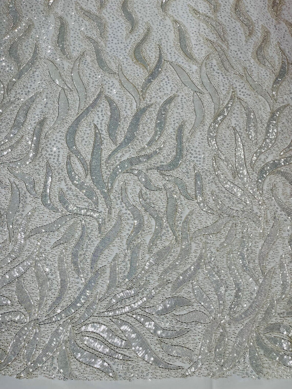 Beaded Fire Design Fabric - Off-White - Fire Flame Design Sequins and Beads on Mesh by Yard