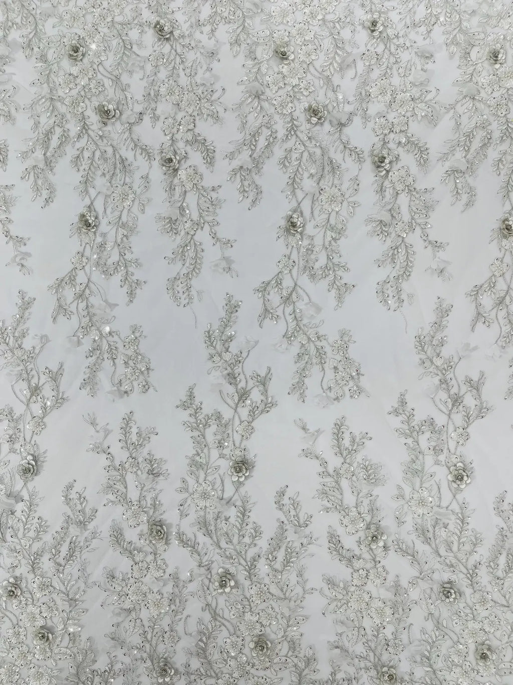 3D Flower Rhinestone Design - Off-White - Embroidered Flower Sequins Lace Fabric By Yard