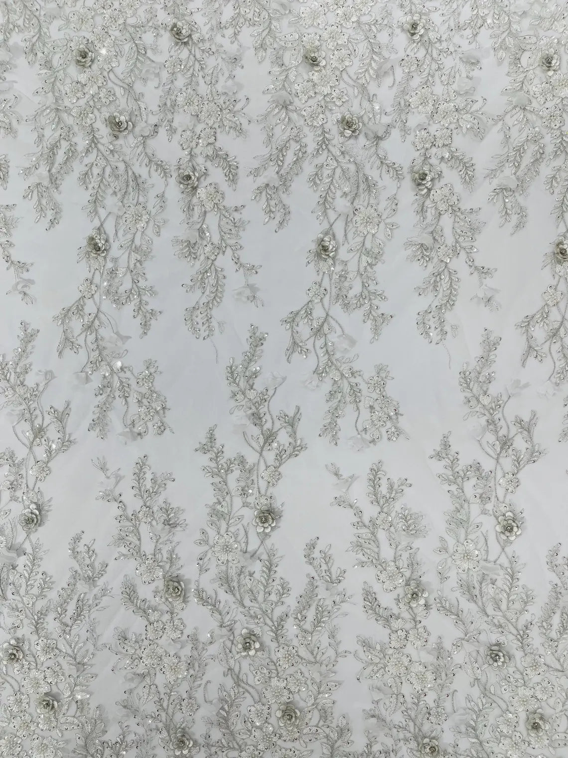 3D Flower Rhinestone Design - Off-White - Embroidered Flower Sequins Lace Fabric By Yard