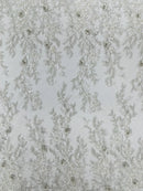 3D Flower Rhinestone Design - Off-White - Embroidered Flower Sequins Lace Fabric By Yard