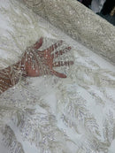 Beaded Lines Fabric - Off-White - Luxury Beads and Sequins Line Design Fabric By Yard