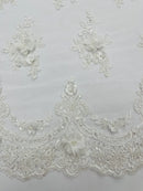 3D Floral Pearl Design - Off-White - Floral Embroidered Pearls and Sequins Fabric By Yard