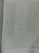 Small Beaded Flower Pearl Fabric - Off-White - Pearls and Beads Embroidered Fabric By Yard